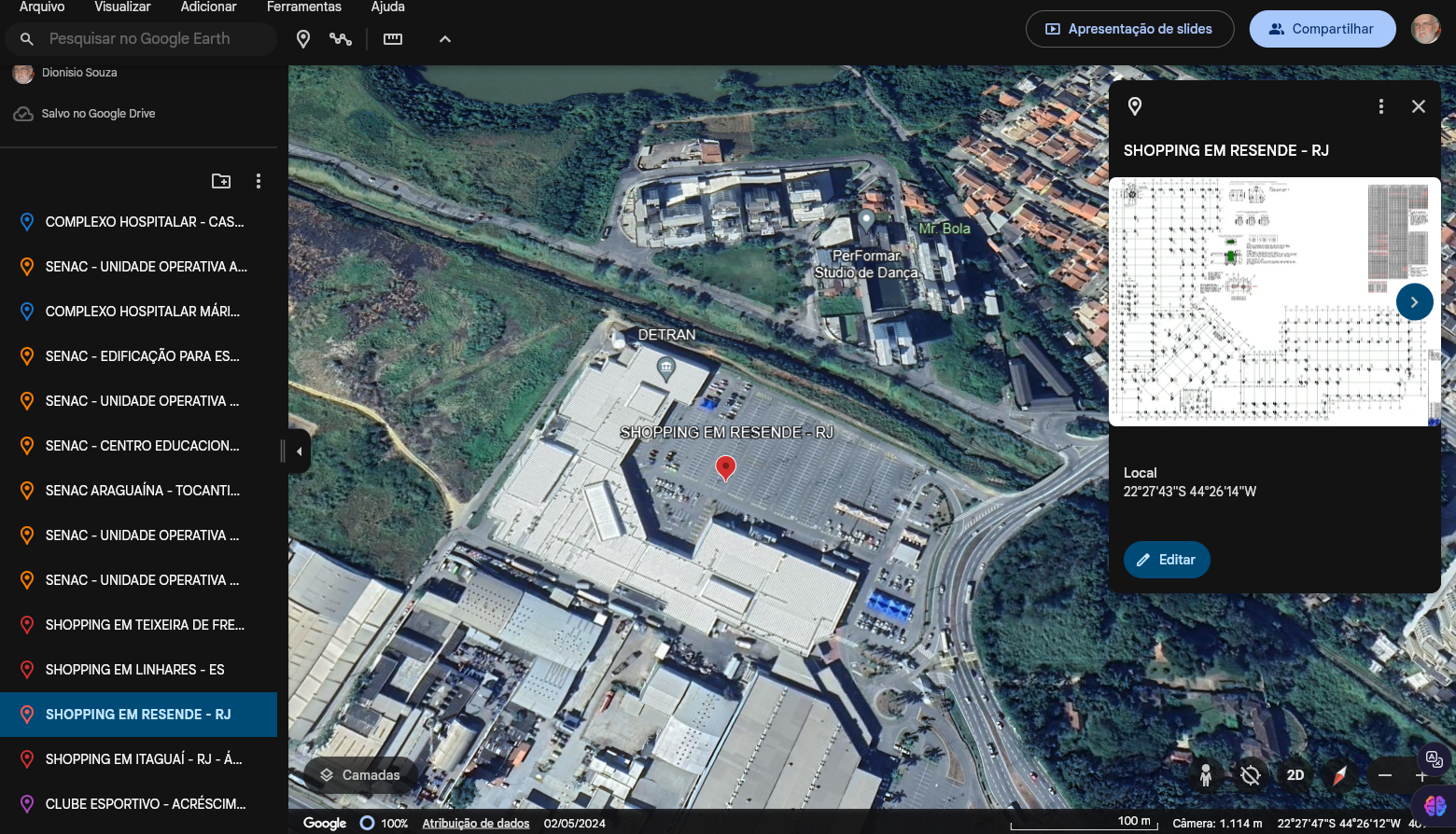 Mapa de projetos no Google Earth